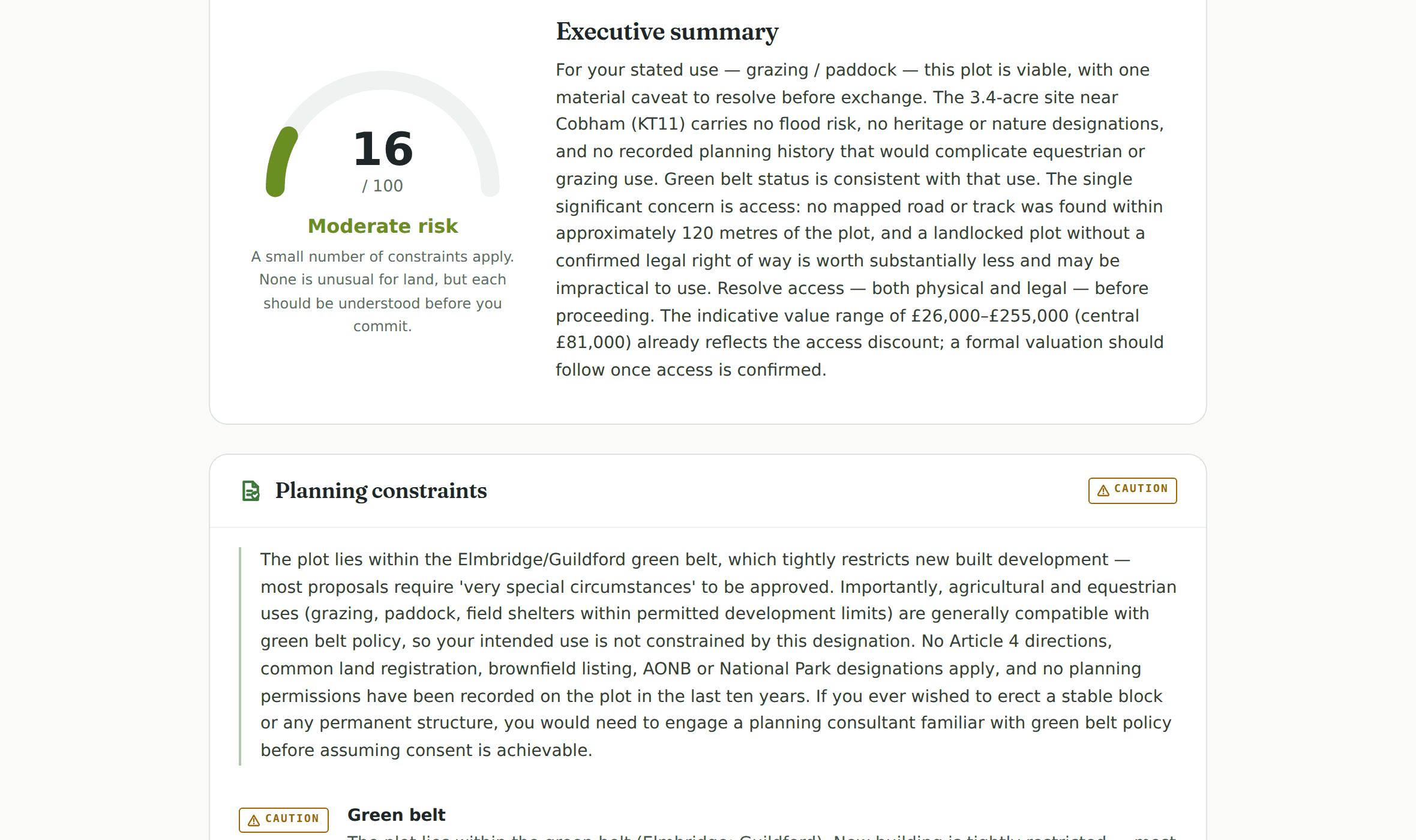 Preview of a BuyLand Plot Report: risk score dial, executive summary and planning constraints section